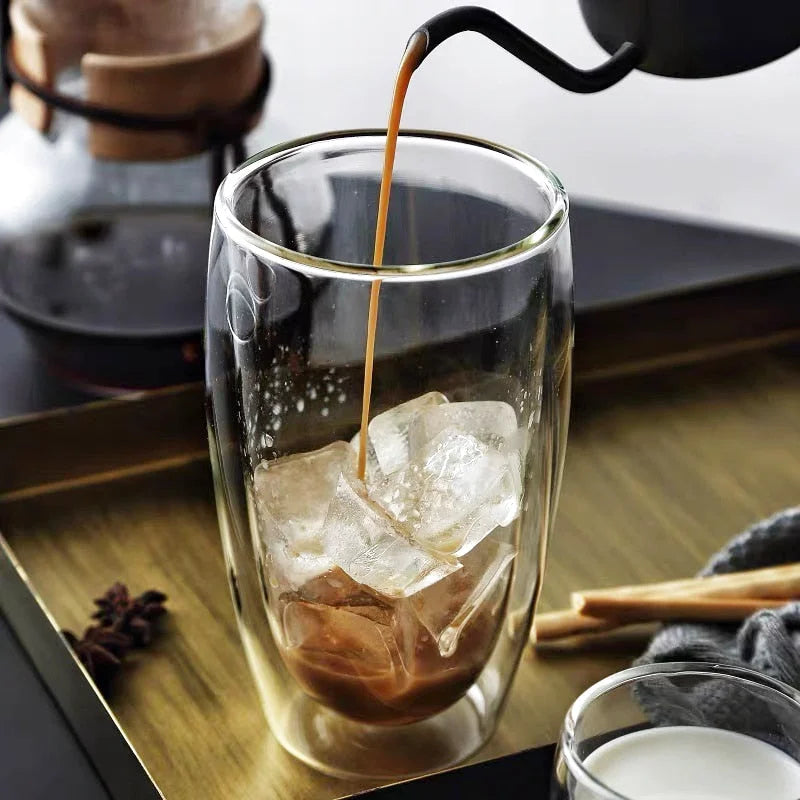 Relaxdays Tasses à café double paroi, lot de 2, verre borosilicate à thé  avec anse et couvercle, 500 ml, transparent